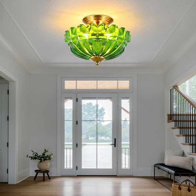 Semi Flush Mount Ceiling Light, 3-Light Kitchen Ceiling Lighting Fixtures with Green Glass Lampshade, Gold Modern Chandelier for Living Room Bedroom Hallway