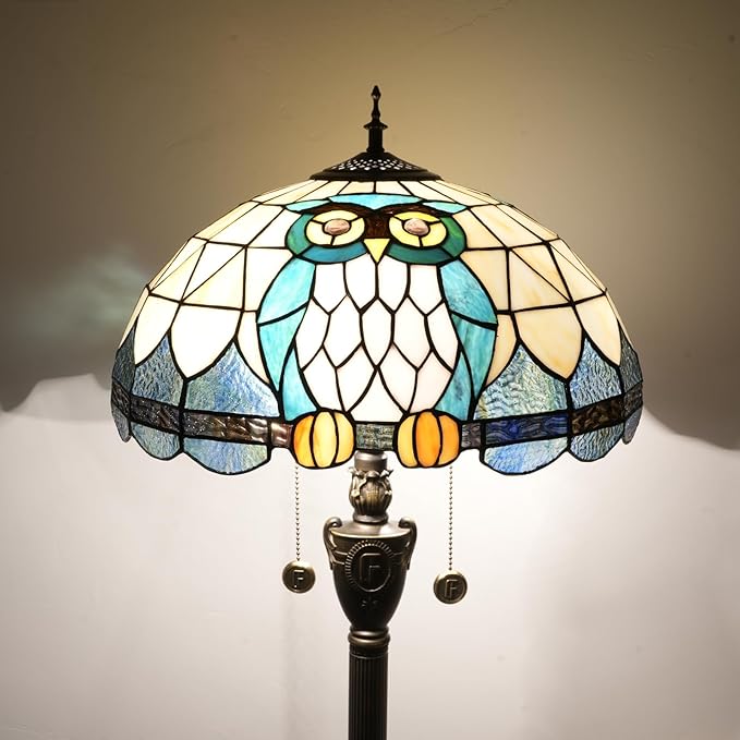 Tiffany Floor Lamp Owl Animal Stained Glass lamp for Living Room Bedroom Office Bright Lighting Rustic Corner Decor Standing Tall Unique Vintage Reading Aesthetic Light