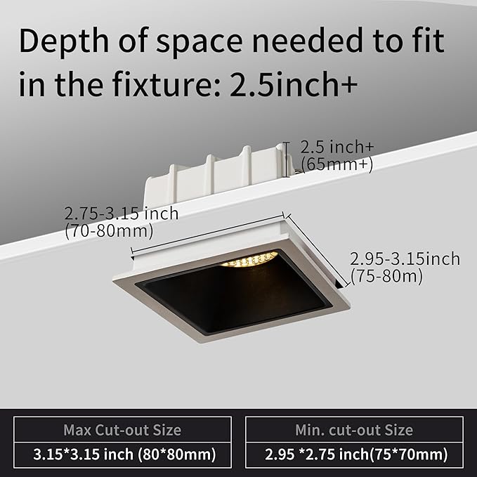 6Pcs 3 Inch Square 12W LED Dimmable Recessed Downlight, Home Indoor Directional Ceiling Spotlight Surface Fixture with 36° Beam Angle, Honeycomb Mesh Anti-Glare Design, Includes Junction Box