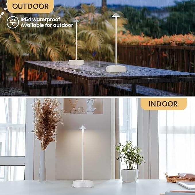 Cordless Table Lamp Rechargeable LED Battery Operated 6000mAh Touch Dimmable Small Lamp Outdoor Waterproof Portable Wireless Desk Light for Dining Restaurant Bar Indoor/Outdoor Use (White-2PC)