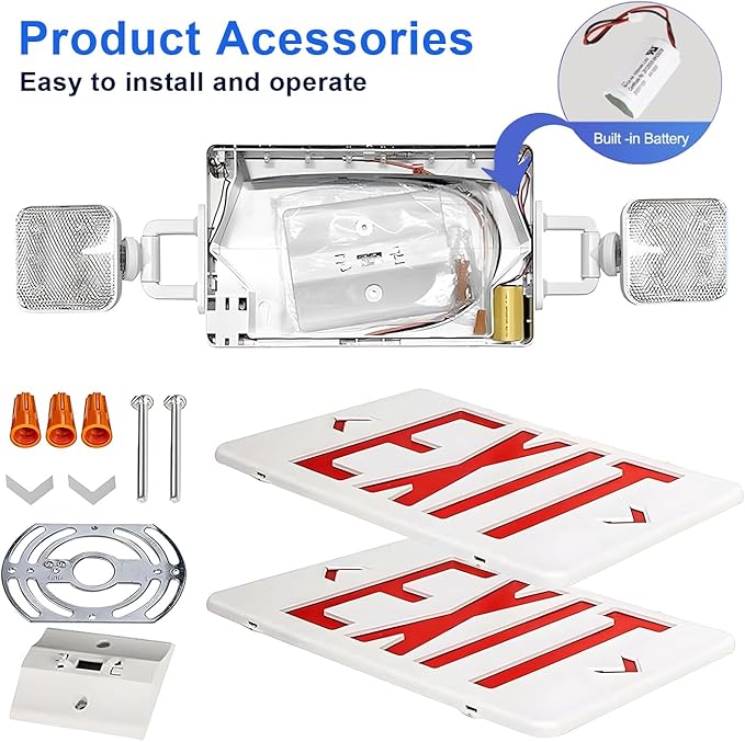 LED Combo Exit Sign Emergency Light, Commercial Emergency Exit Lights with Battery Backup, Double Sided and Adjustable Two LED Head, Fire Resistant UL 94V-0, AC 120/277V (2 Pack)