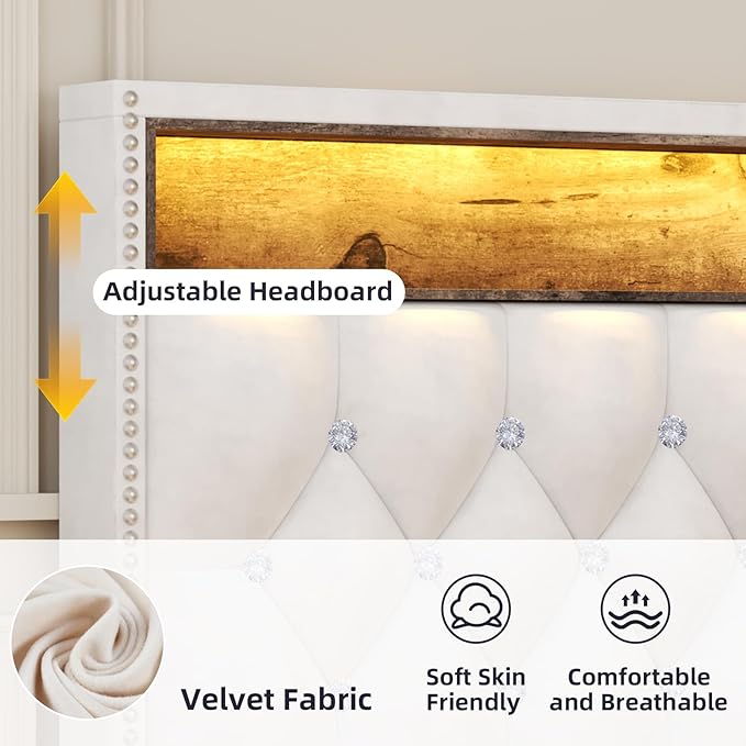 HOMBCK Full Size Bed Frame with LED Lights, Velvet Upholstered Bed Frame Full with Charging Station and Storage Headboard, Modern Diamond and Rivet Design, No Box Spring Needed, Easy Assembly, Beige
