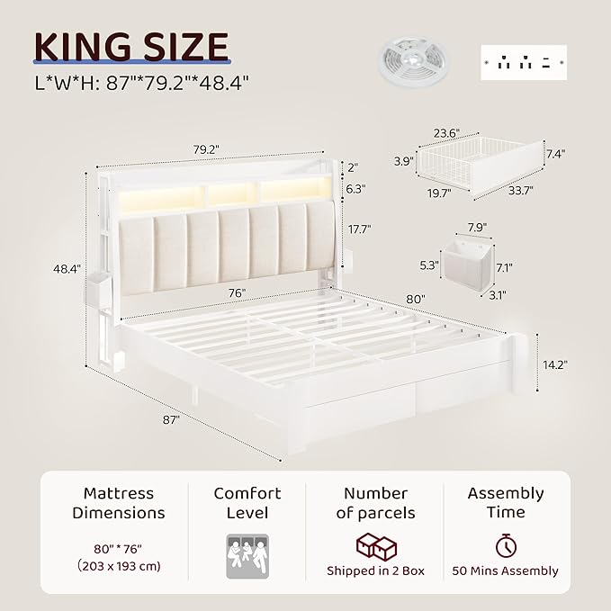 King Size Bed Frame with 2 Storage Drawers, Wood Platform Bed Frame with 2-Tier Storage Headboard Built in Charging Station & LED Light,Noise-Free/Metal Support/No Box Spring Needed,White