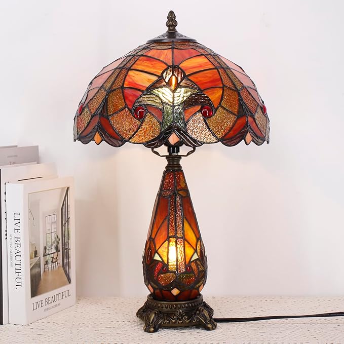 Tiffany Lamp Stained Glass Table Lamp 12X19 Inches Mother Daughter Vase Desk Accent Night Light for Bedroom Bedside Reading Home Antique Style (Red Stained)