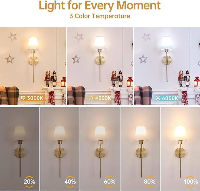 Battery Operated Wall Sconce, 120H Usage Time 22.6" Rechargeable Wall Light with Dimmable Bulb, 12 Colors Wall Sconce for Bedroom Living Room, Gold