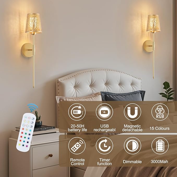 Rechargeable Wall Sconce, Battery Operated Wall Sconce Set of 2, Not Hardwired Wall Lights with Metal Shade, Gold Wireless RGB Wall Lights with Remote for Living Room Corridor Bedroom etc