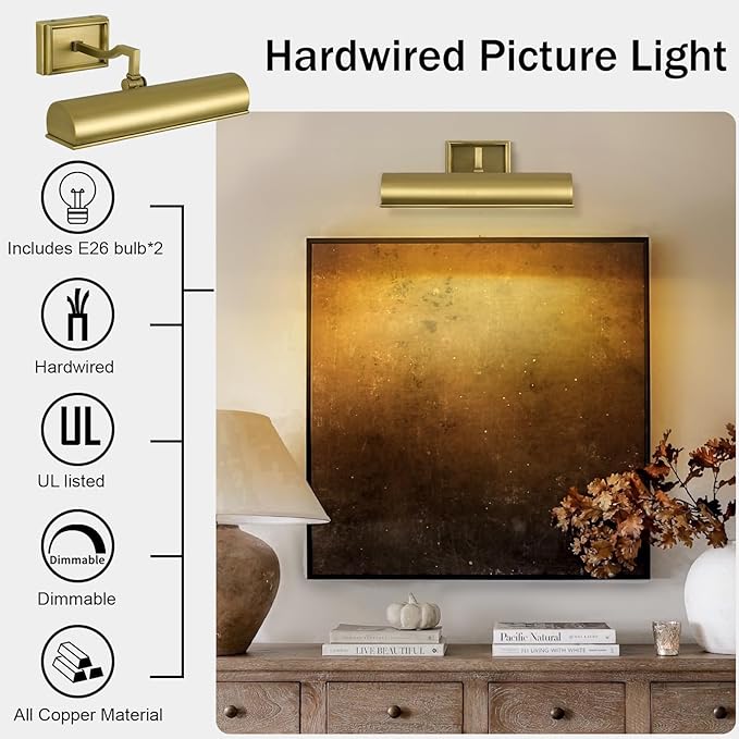 Picture Light, 12inch Brass Picture Lights for Wall,Hardwired Brushed Gold Art Picture Lights, Dimmable 2-Light Picture Rotatable Frame Light Wall Sconce for Painting, Artwork, Gallery