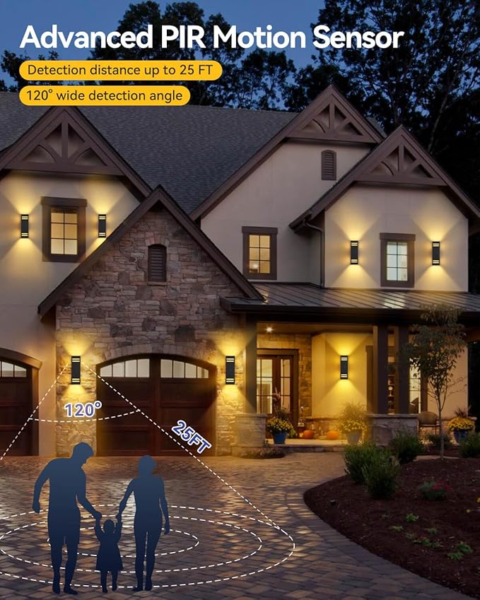 KIZON Motion Sensor Outdoor Lights, Modern Outdoor Wall Lights Black Exterior Lighting Fixture Wall Mount, Aluminum Motion Detector Lights for House Porch Front Door