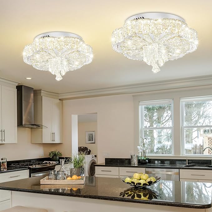 Modern Empire Crystal Chandelier Silver 16inches Crystal Raindrop Ceiling Light for Living Room Bedroom LED Infinity Dimmable 3000-6000K