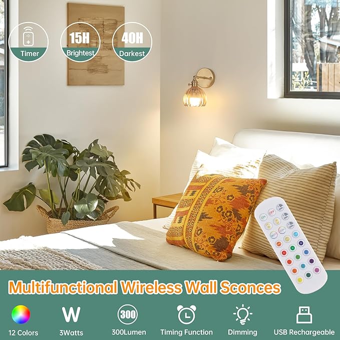 Vintage Battery Operated Wall Sconce with Cute Amber Tulip Glass Lampshade Wireless Rechargeable Battery Powered Wall Light with Remote Control for Bedside Bedroom Doorway