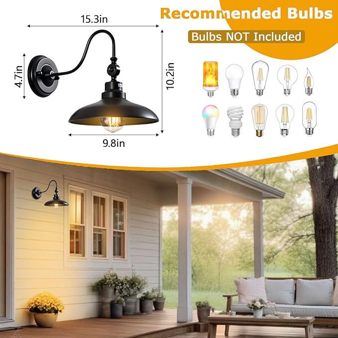 Outdoor Wall Lights, Matte Black Farmhouse Gooseneck Barn Light 9.8 inch Angle-Adjustable Waterproof Exterior Wall Light Fixtures Modern Wall Mount Porch Lights for House Garage Doorway
