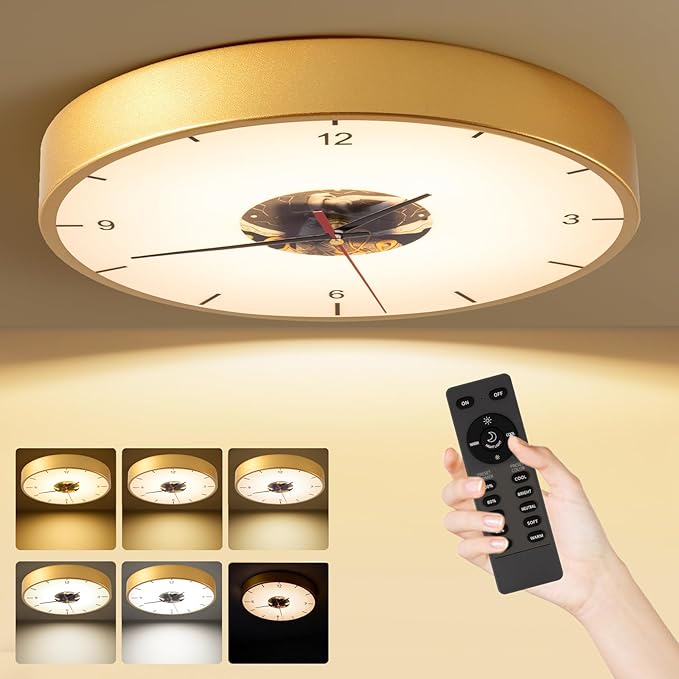 Gold Flush Mount Ceiling Light, Wall Mounted Clock 12 inch LED Dimmable Ceiling Lamp with Remote Control, Silent and No Ticking Sound Light Fixture for Bedroom Foyer Entryway Hallway ﻿