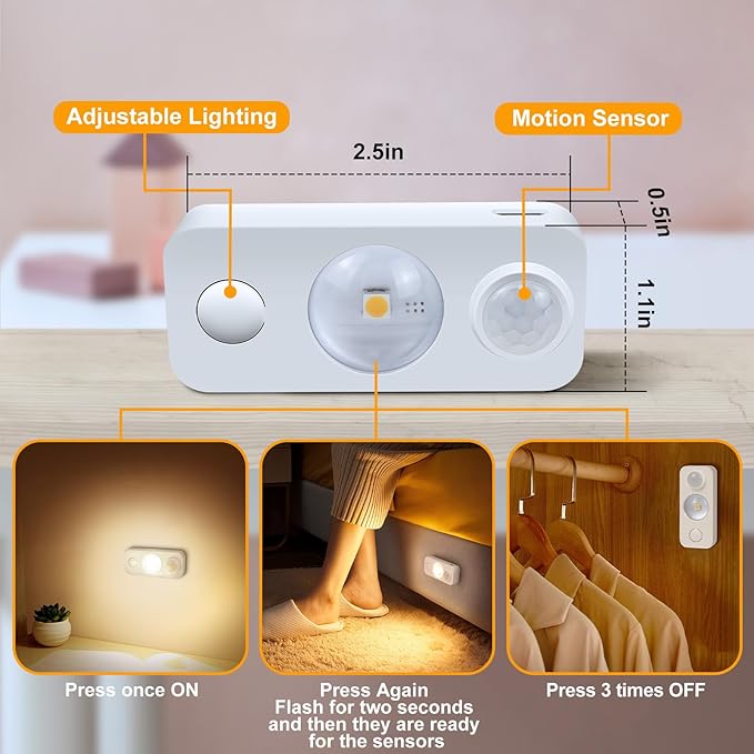 LED Motion Sensor Puck Lights, Rechargeable Cabinet Lights, Stick on Wireless LED Night Light for Closet, Drawer, Shelf, Under Cabinet, Warm White 6Pack, USB Charging Cord Included
