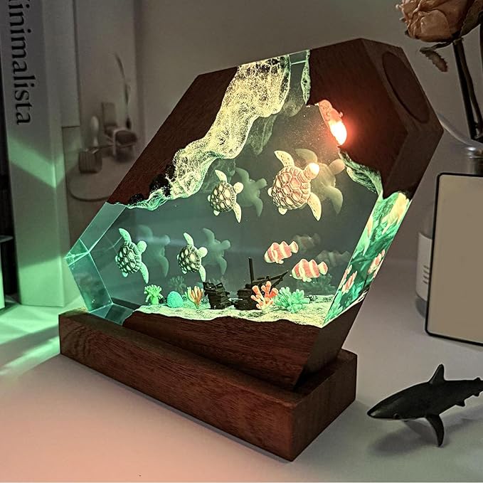 Sea Turtle Ocean Resin Lamp - Handmade Resin Night Light with USB Port, Variable Lights, Sea Turtle Gifts for Women and Men, Ocean Enthusiast Collectibles, Unique Birthday Gifts for Him & Her (6"x4")