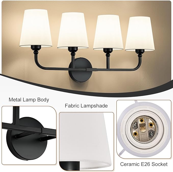Matte Black Bathroom Light Fixtures, 4-Light Vanity Lights, Bathroom Lighting Fixtures Over Mirror with Flared White Fabric Shade, Modern Wall Sconce for Mirror Hallway Bedroom Living Room(ETL Listed)