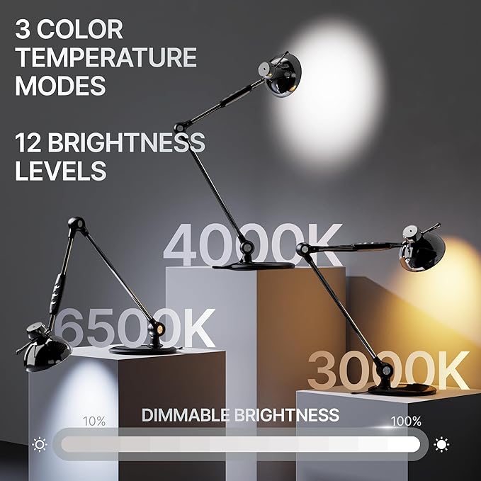 OTUS Desk Lamp for Home Office | Tall LED Architect Desk Light with Gesture Control & Touch | 1500 Lux Eye-Caring Dimmable for Study, Reading, Video Calls | 12 Levels & 3 Colors | Metal Swing Arm Lamp