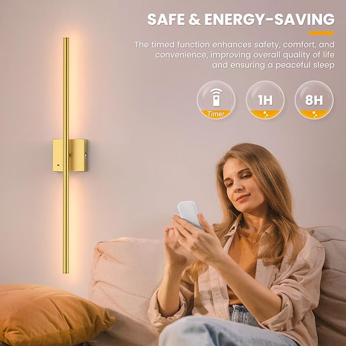 NIORSUN 28 Inch Battery Operated Wall Sconce Set of 2, 360° Rotation Gold Rechargeable Wall Lights with Detachable Tube and Remote, 3CCT Dimmable Wireless Wall Lamp for Living Room Bedroom Hallway