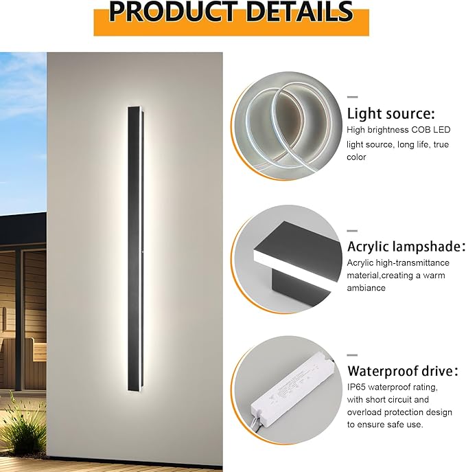 Long Outdoor Modern LED Wall Light,59inch Dimmable IP65 Waterproof Black Outdoor Porch Lights Wall Mount Lighting Fixture,Exterior Rectangular Sconce Lights for House,Corridor,Front Door