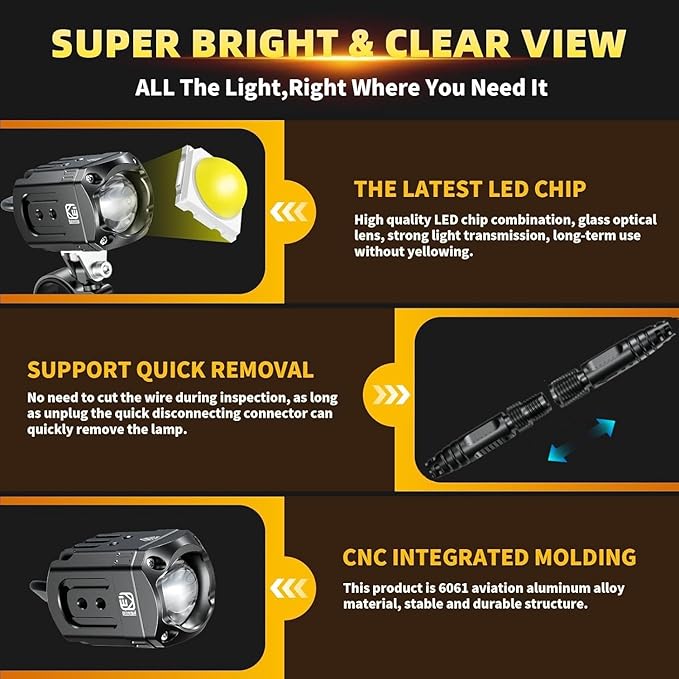Kewig Motorcycle Auxiliary LED Light Kit Driving Spotlights White/Amber Fog Light with Mount Brackets Wire Harness Waterproof 60W Offroad Work Lights Compatible with Motorcycle J-eep Car Truck (Black)