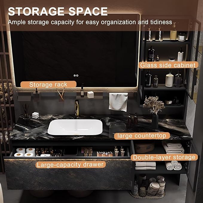 48 Inch Bathroom Vanity - Modern Luxury Bathroom Vanity with Sink Includes Textured Panels,Glass Doors,LED Smart Defog Mirror & Side Glass Cabinet with Ambient Lighting,Multifunctional Shelf