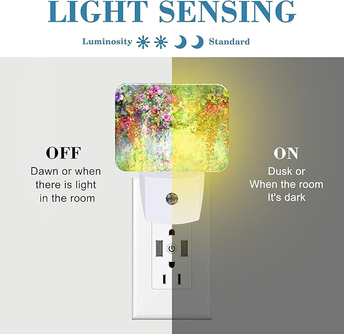 Abstract Watercolor Flowers Night Light Flowers Oli Painting Nightlight Plug into Wall with Dusk to Dawn Sensor for Kid Girls Boys Women Men Room, Hallway, Kitchen, Bathroom, Stairs Decor