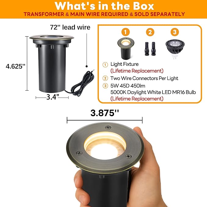 Gardenreet Landscape In Ground Well Lights - Brass Electric Low Voltage Ip65 Lights, 12V Wired LED Fixture, Antique Bronze for Patio Driveway Tree with 5000K Daylight White MR16 Bulb