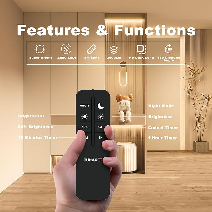 COB LED Strip Lights 2880LEDs, Bright COB LED Lights 20ft LED 3000K Warm White Dimmable with RF Remote Under Cabinet Lighting for Bedroom Counter Kitchen