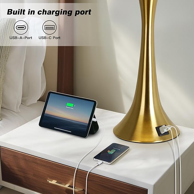 27.5" Gold Lamps for Living Room, Touch Control 3-Way Dimmable Bedside Nightstand Lamps Bedroom Lamp,Modern Gold Table Lamp with USB A+C Ports,Tall Lamps for Living Room End Table（1Pack）