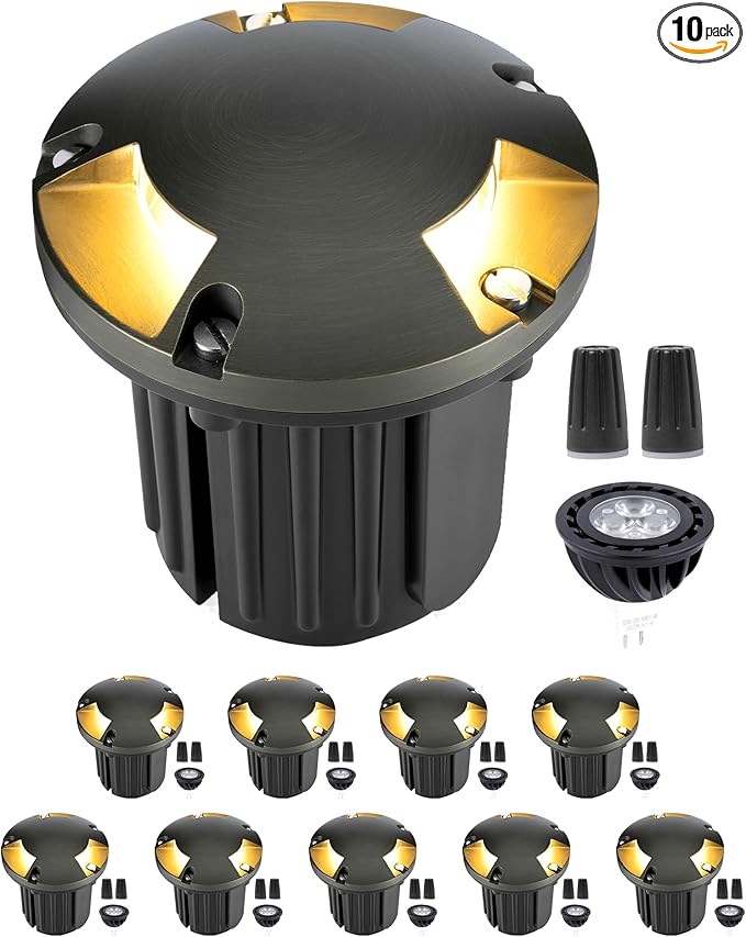 Gardenreet Low Voltage Outdoor Well Light - Brass Low Voltage All Weather 12V In Ground Lighting, LED Wired Fixture, Antique Bronze for Backyard Pathway Lawn with 4000K Neutral White MR16 Bulb