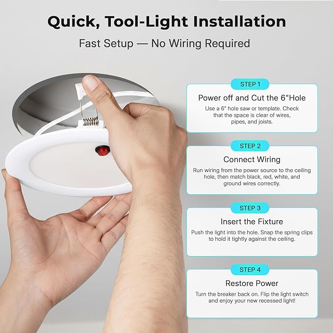 LED & Lighting Solutions 6" Dimmable Ultra Slim, Battery Powered recessed Lights, 12W 960 Lumens, CCT Selectable 2700K-6000K, 6 Inch Ceiling Light w/ 90 Min Battery Backup, ETL/IC/Damp Rated.