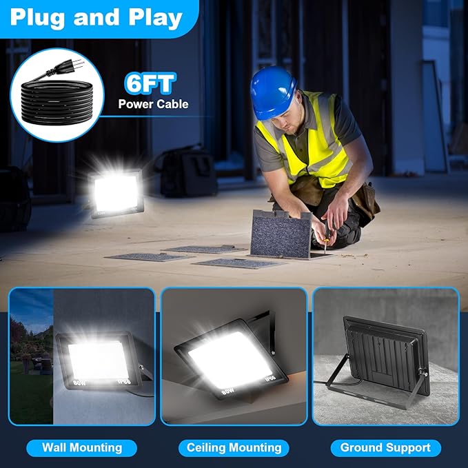 80W LED Flood Light with Plug, 9600Lm Super Brighter Security Lights with 6ft Wire, 5000K Daylight White IP66 Waterproof Outdoor Work Light Floodlight for Yard Stadium Garden, 2 Pack