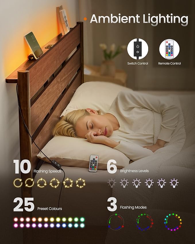 SONGMICS Home King Bed Frame with Headboard, LED Lights & Charging Station, Solid Wood Legs and Slats, Mid-Century Modern Platform Bed, No Box Spring Needed, Coffee Brown URMB414K02V1