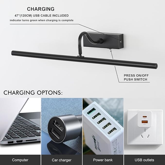 Picture Light,5000mAh Picture Lights for Wall with Remote,24 inch Art Light for Paintings, Gallery Lighting for Photo,Mirror,Artwork Frame,Portrait(Black)