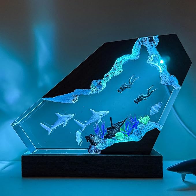 Hammerhead Shark Ocean Resin Lamp, Handmade Resin Night Light for Home Office Decor, Multi-Color LED Light with USB Port, Shark Gifts for Birthday Holiday, Valentine's Day Gifts for Him Her (10"x6")