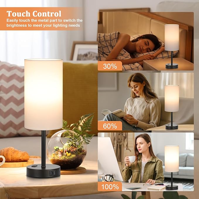 17.4inches Tall White Bedroom Lamps Set of 2-3 Way Dimmable Touch Table Lamps with USB C and A Ports, Lamps for Nightstand with AC Outlet, Desk Lamps with Black Base for Office