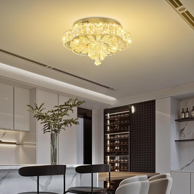 Modern Empire Crystal Chandelier Gold 16inches Crystal Raindrop Ceiling Light for Living Room Bedroom LED Infinity Dimmable 3000-6000K