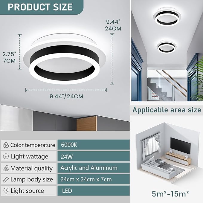 Round Modern LED Flush Mount Ceiling Lamp, 24W LED Light Fixture, Black Small Hallway Ceiling Light for Dining Room, Bedroom, Kitchen, Bathroom, Entryway Lighting (Cool White, 6000K)