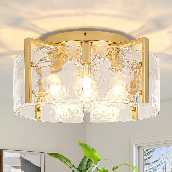 18.5'' Modern Gold Semi Flush Mount Ceiling Light, 4-Light Glass Drum Light Fixtures, Ceiling Lights for Hallway Foyer Entryway Bedroom Kitchen Dining Room Living Room Lighting Fixture, UL-Listed