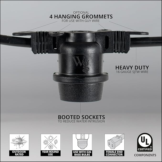 15-ft 10 Socket E26 Commercial Patio Light Stringer, Heavy Duty Weatherproof SJTW Black Wire, 18" Spacing, 16 AWG, Cord Only