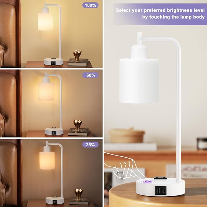 Innqoo Industrial White Table Lamps for Bedrooms Set of 2-3-Way Dimmable Desk Lamp with USB C+A Ports and Outlet, White Lamps with Opal Glass Shade for Living Room