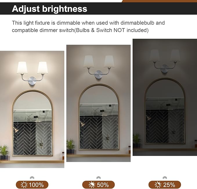 Brushed Nickel Bathroom Light Fixtures,2-Light Vanity Lights,Bathroom Lighting Fixtures Over Mirror with Flared White Fabric Shade,Modern Wall Sconce for Mirror Hallway Bedroom Living Room(ETL Listed)
