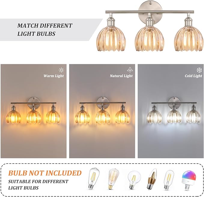 Bathroom Light Fixtures, 3-Light Vanity Wall Light Over Mirror with Amber Tulip Glass Shade for Bedroom Living Room (Bulb Not Included), Satin Nickel
