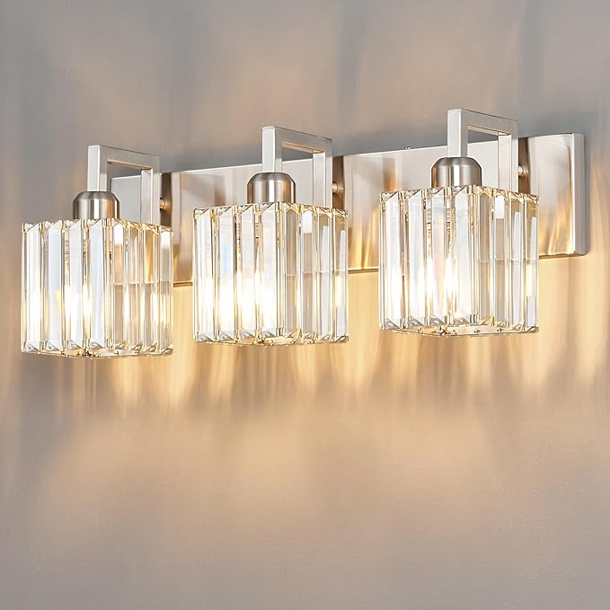 Modern Bathroom Vanity Light 3-Lights Brushed Nickel Vanity Light Crystal Wall Light Bathroom Light Fixtures