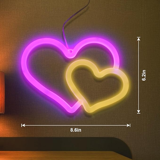 BRIGHTDECK Heart Neon Signs, Pink Heart Neon Sign Battery Operated or USB Powered Decorations Lights, LED Wall Décor for Birthday Gift, Wedding, Party, Home Decor