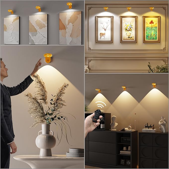Picture Lights for Wall Wireless with Magnetic,2000mAh Rechargeable Picture Frame lights with Dimmable,Puck Lights with Remote Control,Art Lighting for Paintings,Counter, Shelf,Bookcase(4 Pack,Gold)