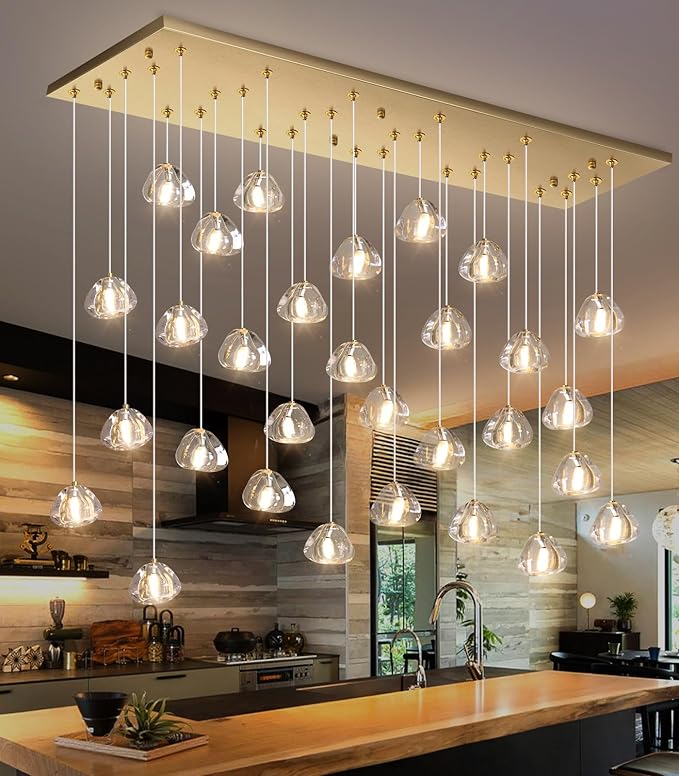 W47.2 x D15.7 x H157 Glam Chandelier Rectangular Chandeliers Bubble Crystal Pendants Light Fixture Dimmable High Ceiling Large Light Antique Gold