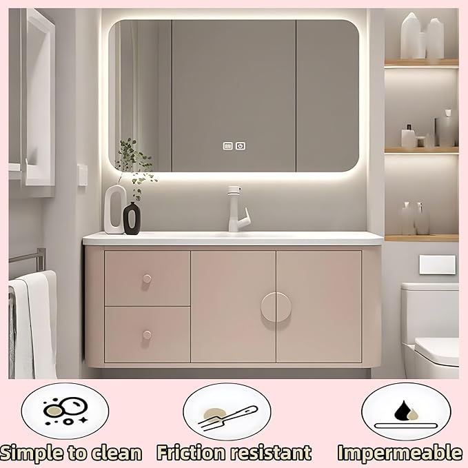 48IN Pink Modern Bathroom Vanity - Bathroom Vanities Set with 2 Drawers Wall Mounted | Rounded Corner Smart Defogging Mirror Cabinet with Lighting & Time Display, Side Opening Storage Shelf (Style A)