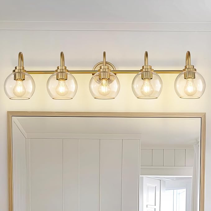 Bathroom Light Fixtures, 5-Light Brushed Gold Vanity Lights with Globe Clear Glass, 35 Inch Champagne Bronze Vanity Lighting Fixtures Over Mirror, AD-22280-5W-GD