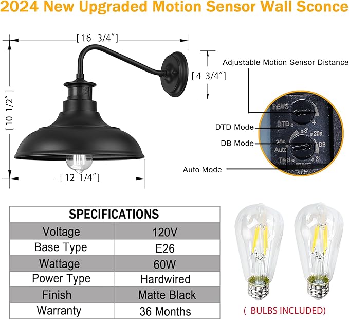 Dusk to Dawn Motion Activated Sensor Gooseneck Outdoor Wall Light Fixture, Industrial Outdoor Barn Light Matte Black Exterior Wall Sconce for Garage Porch Front Door, 2 Pack(Bulbs Included)