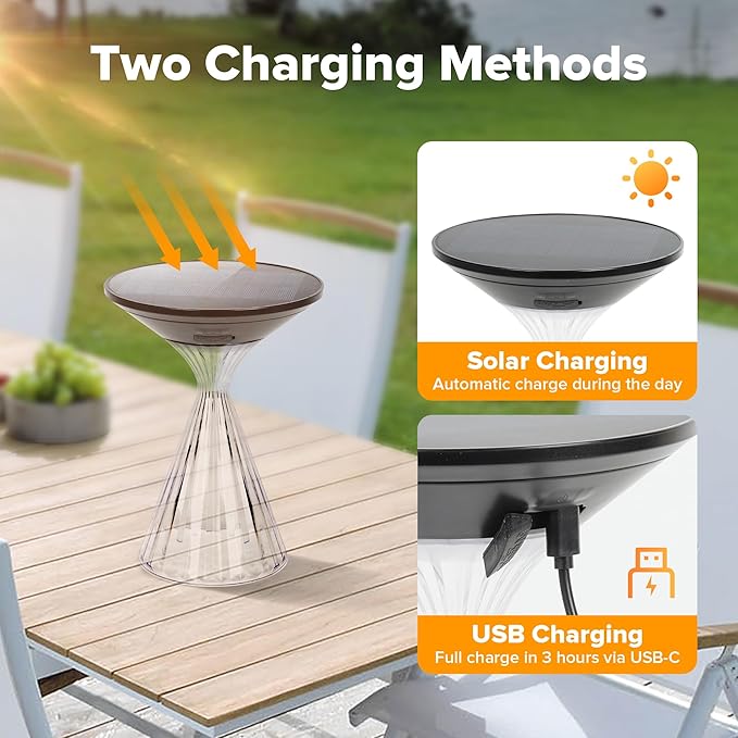 LUTEC Cordless Table Lamp, Solar Table Light Waterproof Outdoor Indoor Light, Solar Powered/Battery Operated Rechargeable Desk lamp, 3 Way Dimmable Touch Lamp for Camping Patio Bedroom